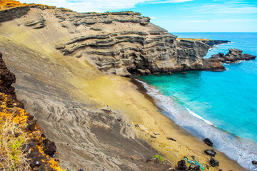 View of the beach Papakolea (green sand beach), Hawaii, USA. Copy space for text.