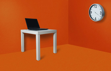 On the table lies an open laptop and a clock hanging on the wall in the office on an orange, pastel background. The concept of work, hours of work, waiting for the end of the task.