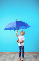 Little boy with blue umbrella near color wall