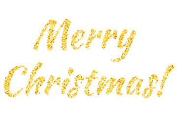 Merry Christmas text from the stars. Shining golden text. Confetti of stars