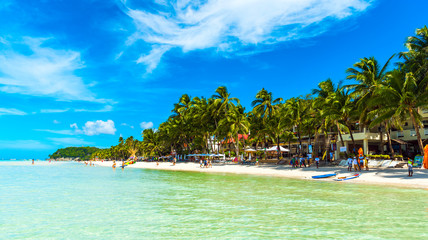 View of the sandy beach, Boracay, Philippines. Copy space for text. - obrazy, fototapety, plakaty