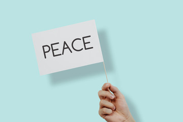 A white flag with the words PEACE held in his hand on a blue background. The concept of peace on...