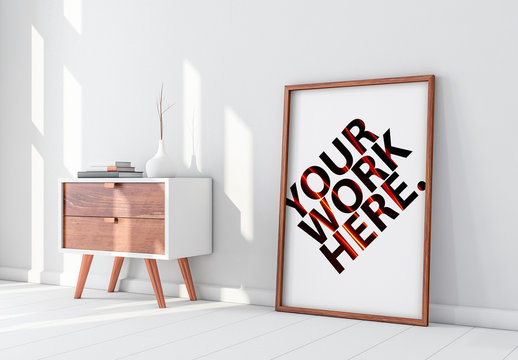 Wooden Framed Poster with Contemporary Furniture Mockup