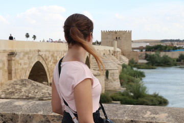 Woman looking at a scenic view of a bridge