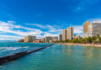 HONOLULU, HAWAII - FEBRUARY 16, 2018: View of the Waikiki beach. Copy space for text.