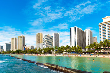Fototapeta na wymiar View of the Waikiki beach in Honolulu, Hawaii. Copy space for text.