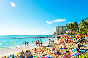 HONOLULU, HAWAII - FEBRUARY 16, 2018: View of the Waikiki beach. Copy space for text.