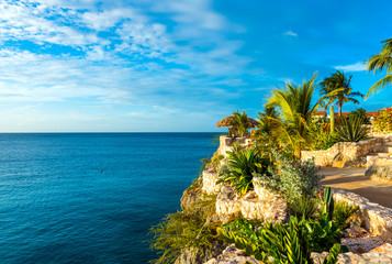 View of the seascape in Playa Lagun, Curacao, Netherlands. Copy space for text.