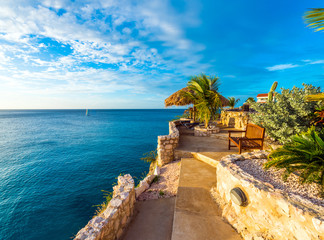 View of the seascape in Playa Lagun, Curacao, Netherlands. Copy space for text. - obrazy, fototapety, plakaty