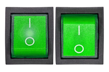 Green power switch, isolated on white background, with clipping path