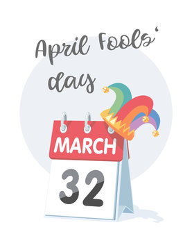 April 1st. Fool's Day. Funny illustration with calendar and jester hat. Vector illustration.