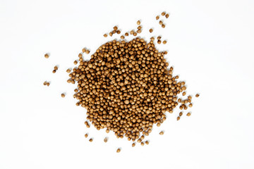 Dried coriander seeds. Coriander spilled on a white background. The concept of using herbs and spices for dishes. Strong taste of dishes. Improving the taste.
