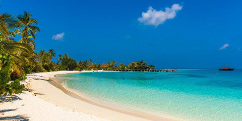 View of the paradise sandy beach, Maldives. Copy space for text.