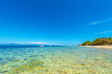 Crystal clean ocean with coral and a boat in Moalboal, Cebu, Philippines. Copy space for text.