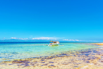Crystal clean ocean with coral and a boat in Moalboal, Cebu, Philippines. Copy space for text.