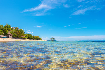 Crystal clean ocean with coral and a boat in Moalboal, Cebu, Philippines. Copy space for text.