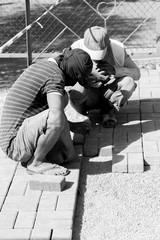 mason worker making sidewalk pavement with stone blocks