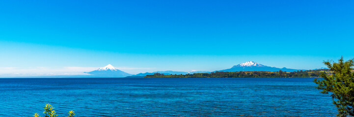 View of the mountain landscape on the Llanquihue lake, Puerto Varas, Chile. Copy space for text.