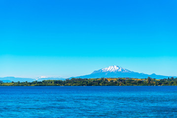View of Calbuco volcano, Puerto Varas, Chile. Copy space for text.