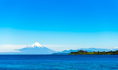 View of Calbuco volcano, Puerto Varas, Chile. Copy space for text.