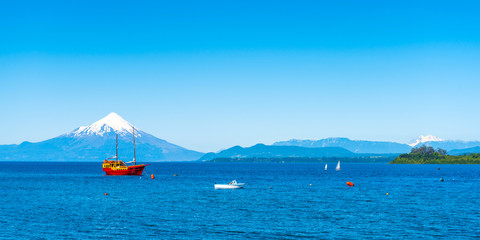 Osorno volcano and Llanquihue lake, Parque, Puerto Varas, Chile. Copy space for text
