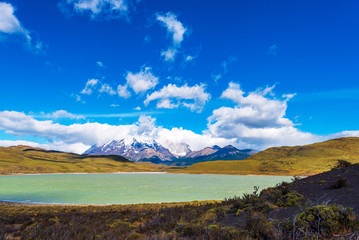 Lake Pehoe, Torres del Paine National Park, Patagonia, Chile, South America. Copy space for text.