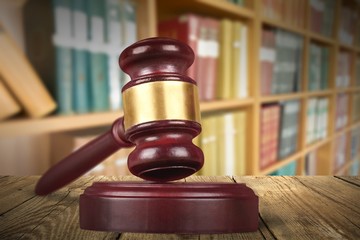 Wooden judge hammer with copyspace over  background. Justice and