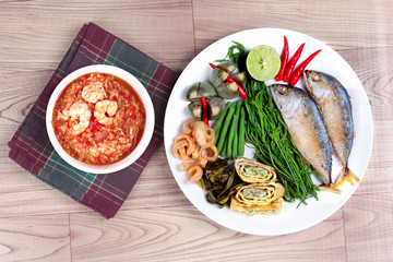 Fresh shrimp chili dip served with side dish.