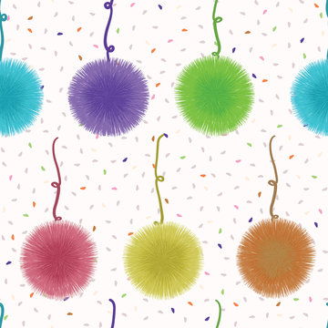 Colorful Vector Pom Pom Seamless Pattern. Hand Drawn Decorative Elements Craft Illustration For Party Celebrations, Baby Nursery Room Decor, Handmade Cards, Event Invitations. Bright Rainbow Colors.