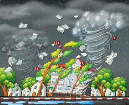 Destructive tornado city scene