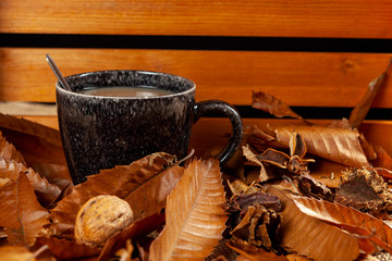 Mug of coffee surrounded the fallen leaves of autumn