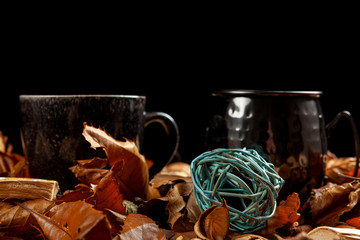 Two mugs of coffee amoungst fallen autumn leaves