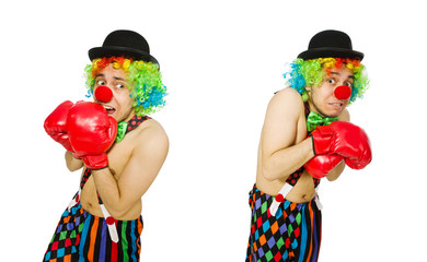 Clown with boxing gloves isolated on the white