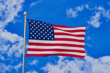 The U.S. national flag (The Stars and Stripes) waving isolated in the blue cloudy sky realistic 3d illustration	