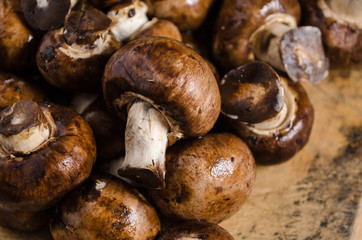 Small brown mushrooms, on a wooden board with burns and cuts.