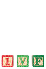 Clipping path included, I V F character wooden blocks isolated on white background