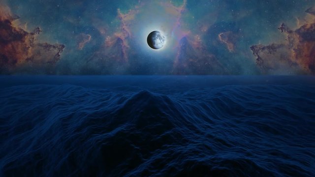 Moon, stars, moonshine, clouds and Orion nebula with big waves ocean or sea in night time.