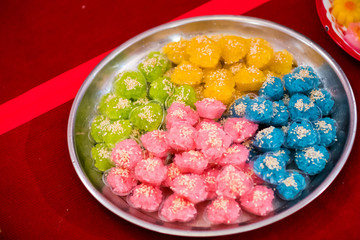 Selective focus of ancient Thai sweets, Thai Desserts. Sweets in Thai wedding ceremony