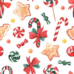 Pattern with watercolor New Year sweets.