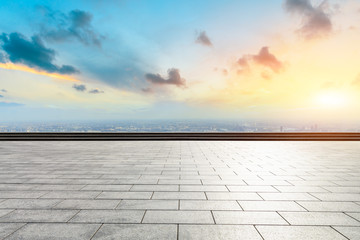 Panoramic skyline and buildings with empty concrete square floor