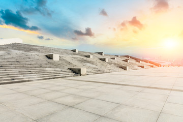 Panoramic skyline and buildings with empty concrete square floor