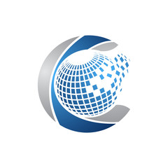 Creative abstract 3d pixel sphere vector logo design template element. Colored silver blue concept icon