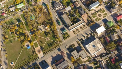 Top view of the village. Central Park and Red Street. The village of Poltavskaya. Top view of the village. One can see the roofs of the houses and gardens. Village bird eye view.