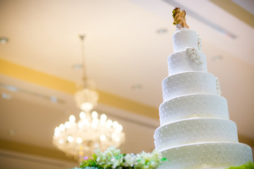 Vintage Wedding Cake.Wedding cake decorate with Cupid doll.Image of a beautiful wedding cake at...