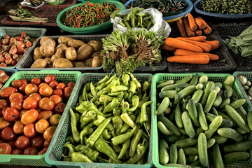 Close up image of various fresh vegetables at farmers market in bangkok, thailand