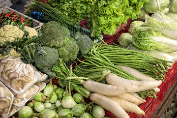 Close up image of various fresh vegetables at farmers market in Bangkok, Thailand