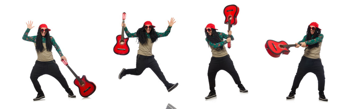 Man with guitar in musical concept on white