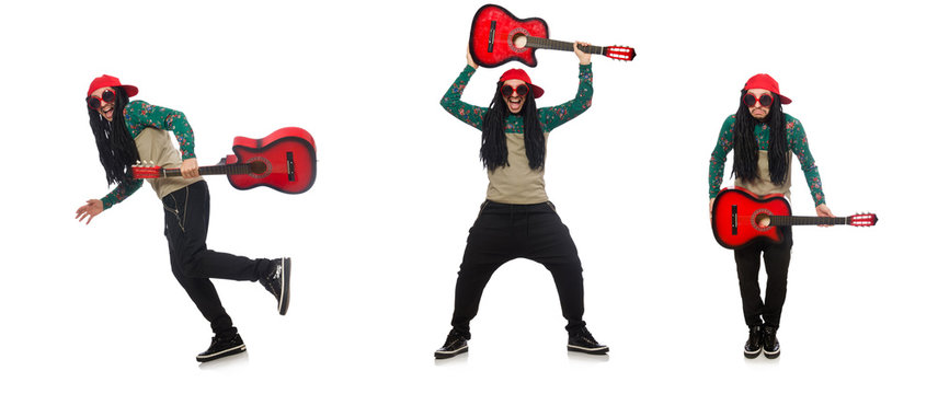 Man with guitar in musical concept on white