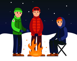 People enjoying fire in the snow flat style vector illustration