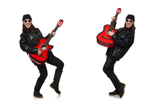 Young guitar player isolated on the white